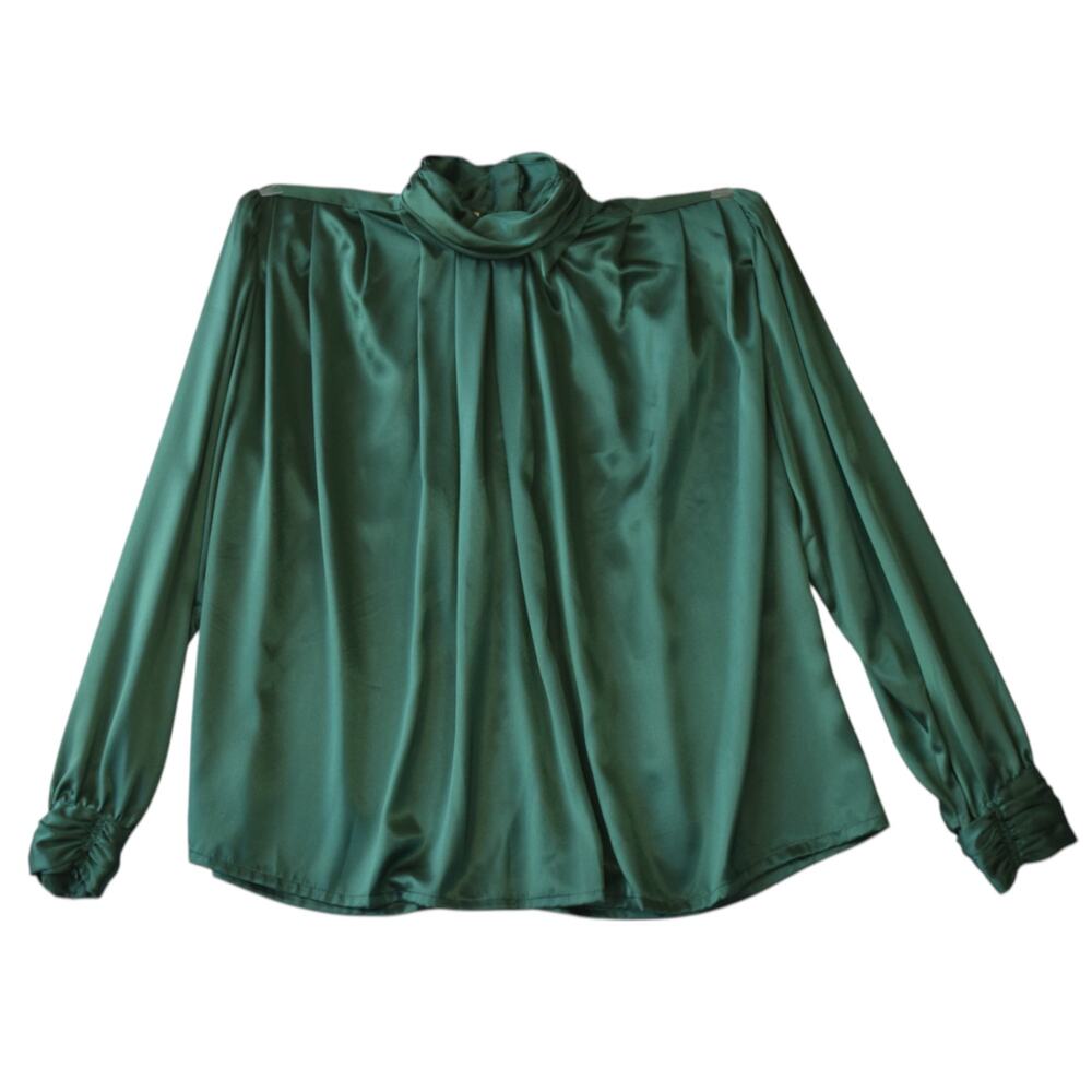Vintage Deadstock 80s Green Satin Blouse Size 10 High Neck Top w Shoulder Pads